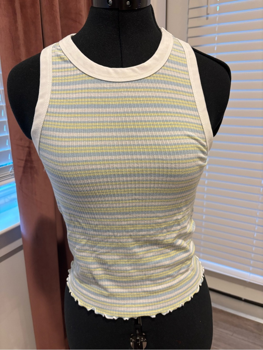Striped Ribbed Tank Top in White, Light Blue & Pale Yellow